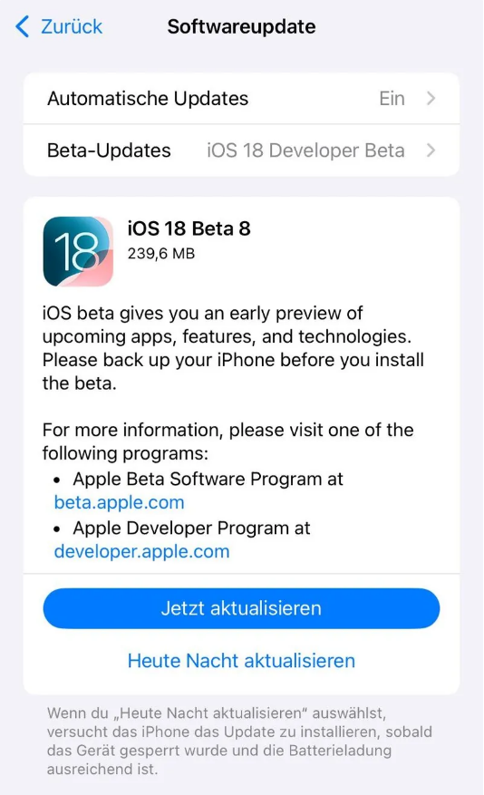 汾阳苹果手机维修分享苹果 iOS / iPadOS 18 开发者预览版 Beta 8 发布 